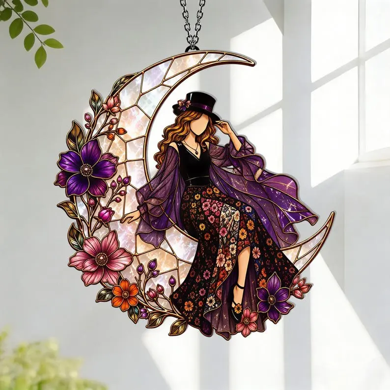 Crescent Moon Witch Acrylic Suncatcher, Purple Floral Window Hanging, Boho Gothic Mystic Decor, Gift for Her, Moon Lover Home Decor