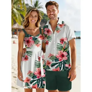 Vacation Couple Outfit Tropical Floral Leaf Pattern Ruched Bust Belted Dress and Roll Up Sleeve Shirt Solid Color Drawstrings Beach Shorts Outfit