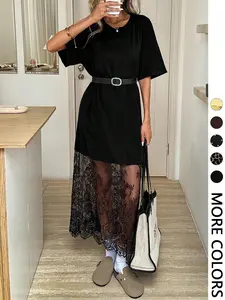 Solid Color Crew Neck Short Sleeve Loose Casual Lace Dress, Suitable For Outings And Commuting Airport Outfit Women Old Money Dress Going Out Dress Teacher Outfits Dresses For Women Elegant (Belt Not Included)