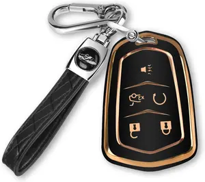 For Cadillac Key Fob Cover with Keychain TPU Protector Suitable for Cadillac Escalade CTS SRX XT5 ATS STS CT6 Key Shell Case Holder (Black)