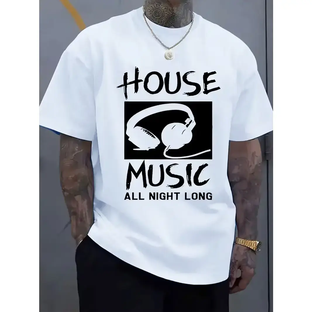 Men's EDM Rave T-Shirt with "HOUSE MUSIC ALL NIGHT LONG" Slogan & Sound Wave Music Note Design - Breathable Machine Washable Fabric, Plus Size Big & Tall Suitable for DJ Parties, Nightclub Outfits, Casual Wear Gift for Music Lovers, PLUS SIZE