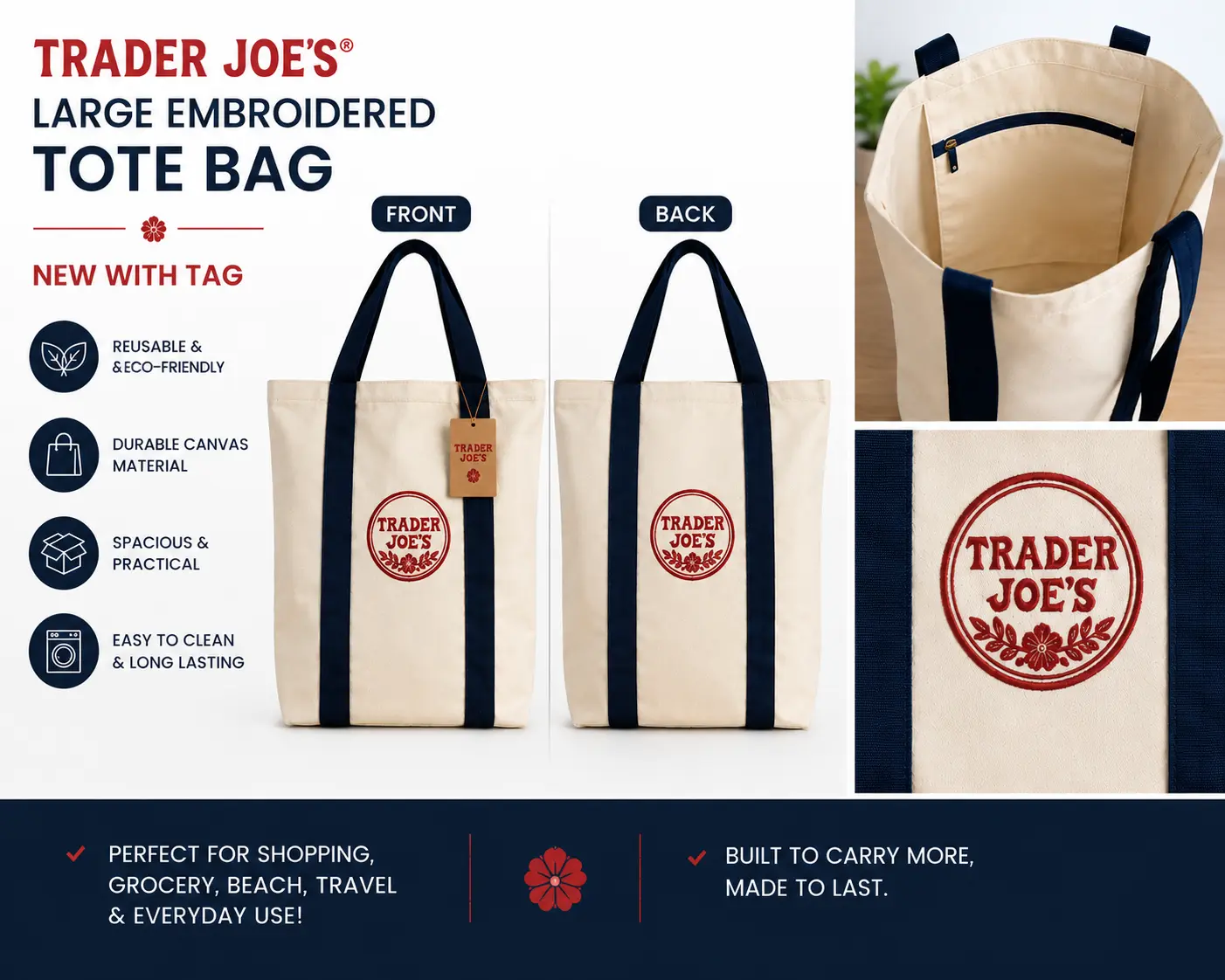 Trader Joe’s Large Embroidered Reusable Tote Bag For Groceries, Beach, Office, Travel