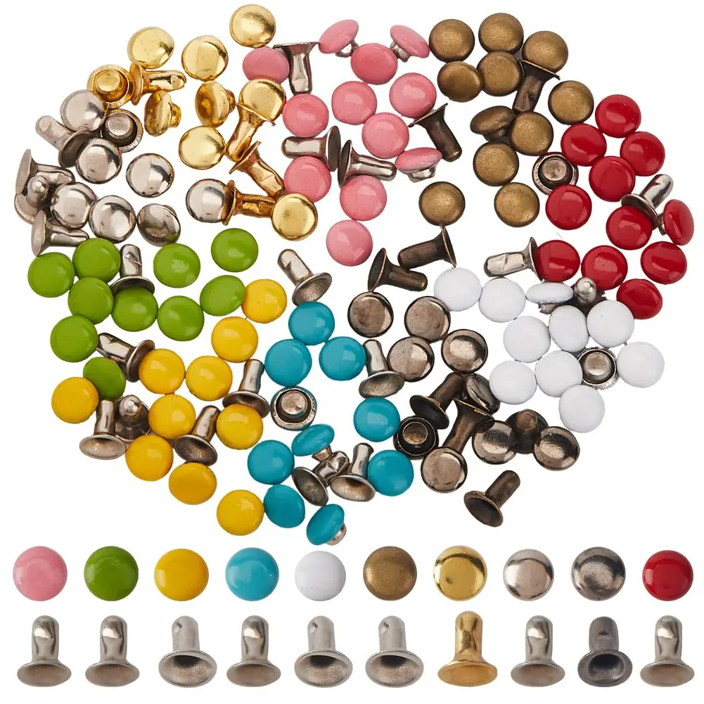 1 Box 300Pcs 10 Colors Mini Rivet Studs Leather Rivets 4mm/0.16 inches Brass Double Caps Leathercraft Tubular Metal for Doll Clothes Sewing Purse Making Clothing Crafts