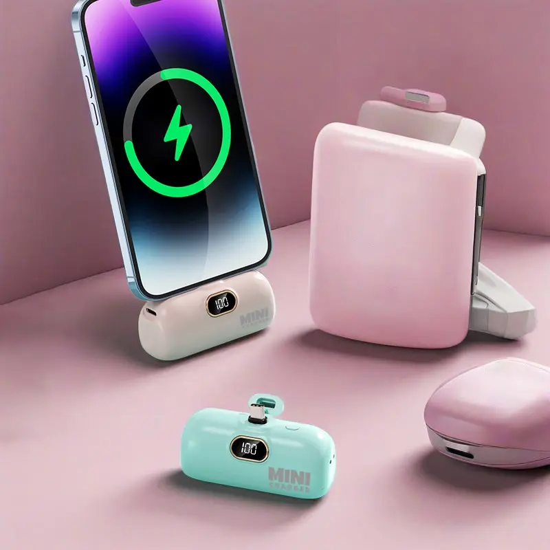 5000mah Pocket Capsule Mini Portable Power Bank, Mini Battery Pack, with Type-C Charger, Portable Digital Screen Display, USB-A-Type C Charging Cable Included, Travel Essential, Portable Emergency Charger