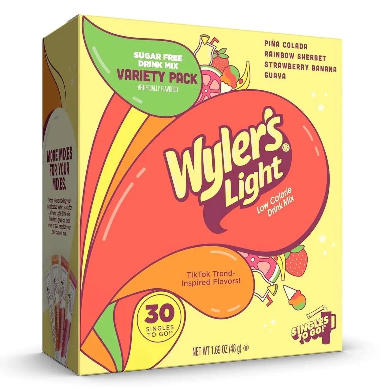 Wyler’s Light Island Flavors Variety Pack, Singles To Go Sugar Free Drink Mix, Low Calorie Water Enhancer, 30 Sticks, Piña Colada, Rainbow Sherbet, Strawberry Banana, Guava
