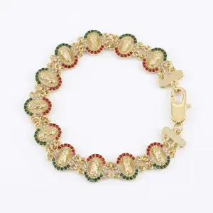 14K Gold-Plated Madonna Bracelet with Virgin Mary Pendant Red & Green Stones High-Quality Copper Zircon Versatile Meaningful Religious Charm