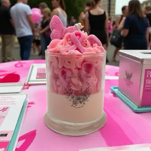 Candle of Hope 12 oz Scented Jar with Rose Scent Pink Ribbon & Butterfly Design for Breast Cancer Awareness Decor Ornaments
