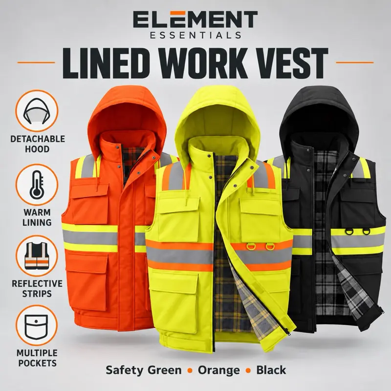 Hi-Vis Lined Work Vest with Removable Hood Reflective Strips Zipper Front Flap Pockets 99881