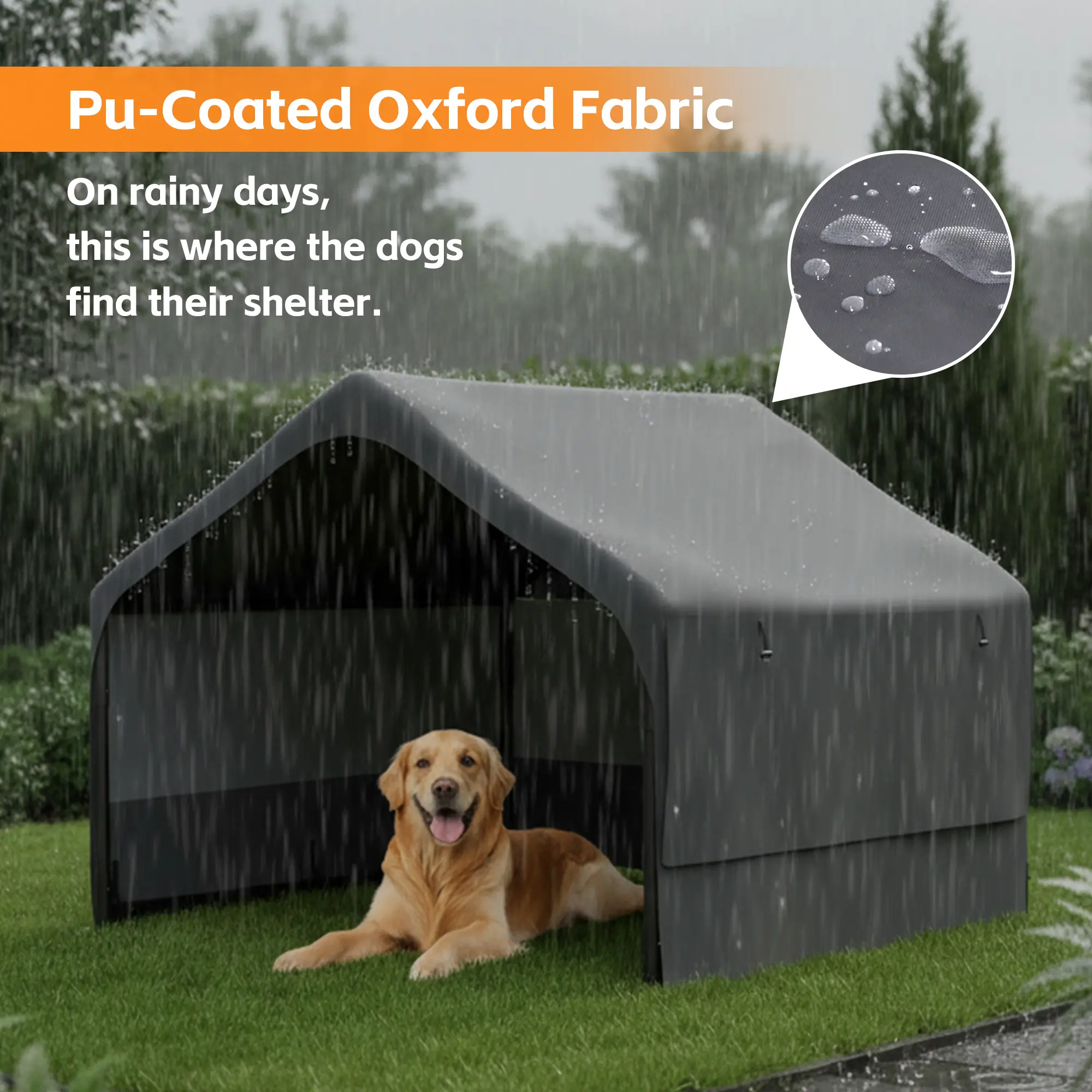 Outdoor Oxford Fabric Dog Tent House (4'x4'x3.3') for Large Breeds, Durable Steel Frame, 3-Sided Breathable Mesh Windows, Secure Canopy, Waterproof PU Coating, Wind & Rain Resistant Gray Cover, Sun Protection, Easy Setup for Golden Retrievers & Huskies