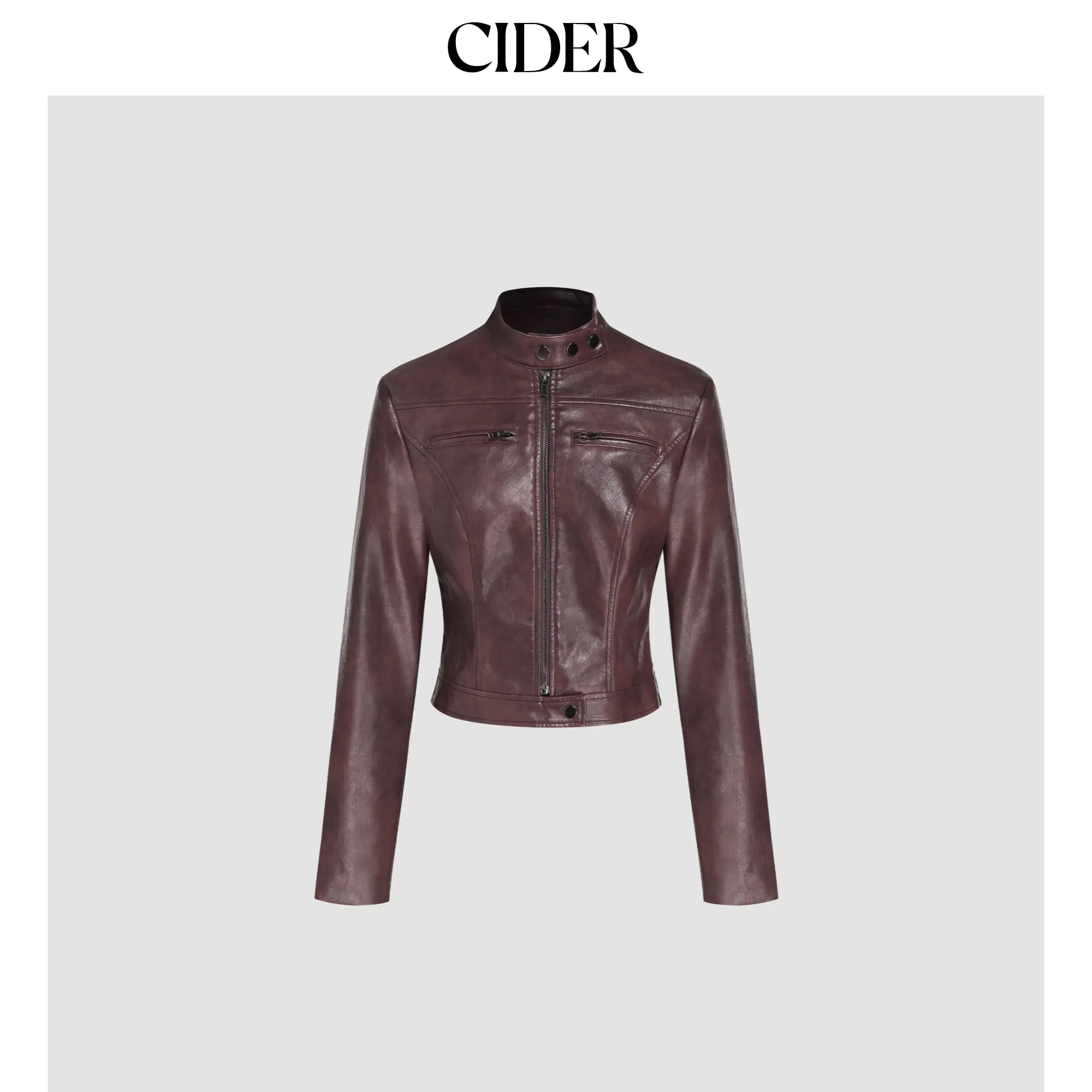 Cider [4 colors, size 0-26] Faux Leather Stand Collar Zipper Biker Jacket