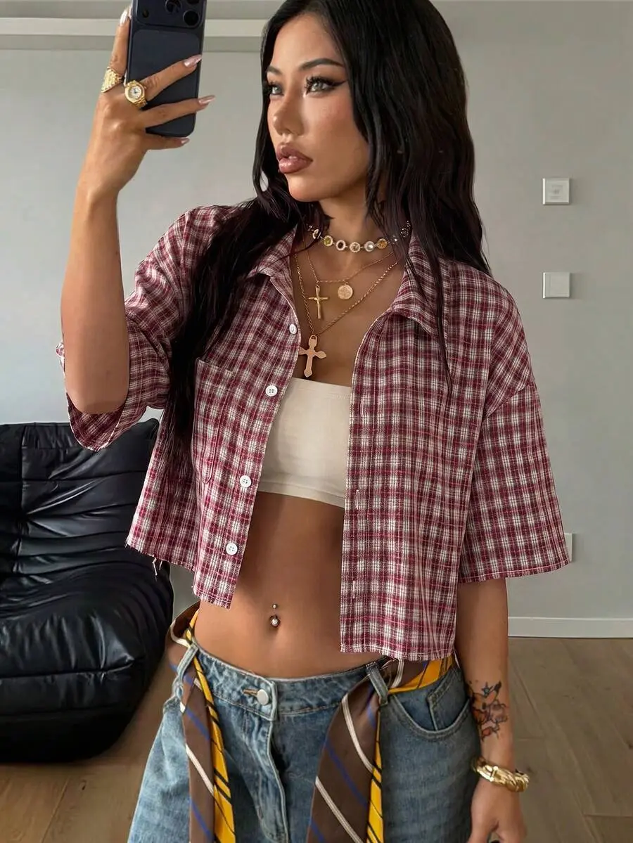 Women's Spring/Summer Vintage Preppy Crop Plaid Loose Crop Tops Red Shirt For New Years,Summer Top