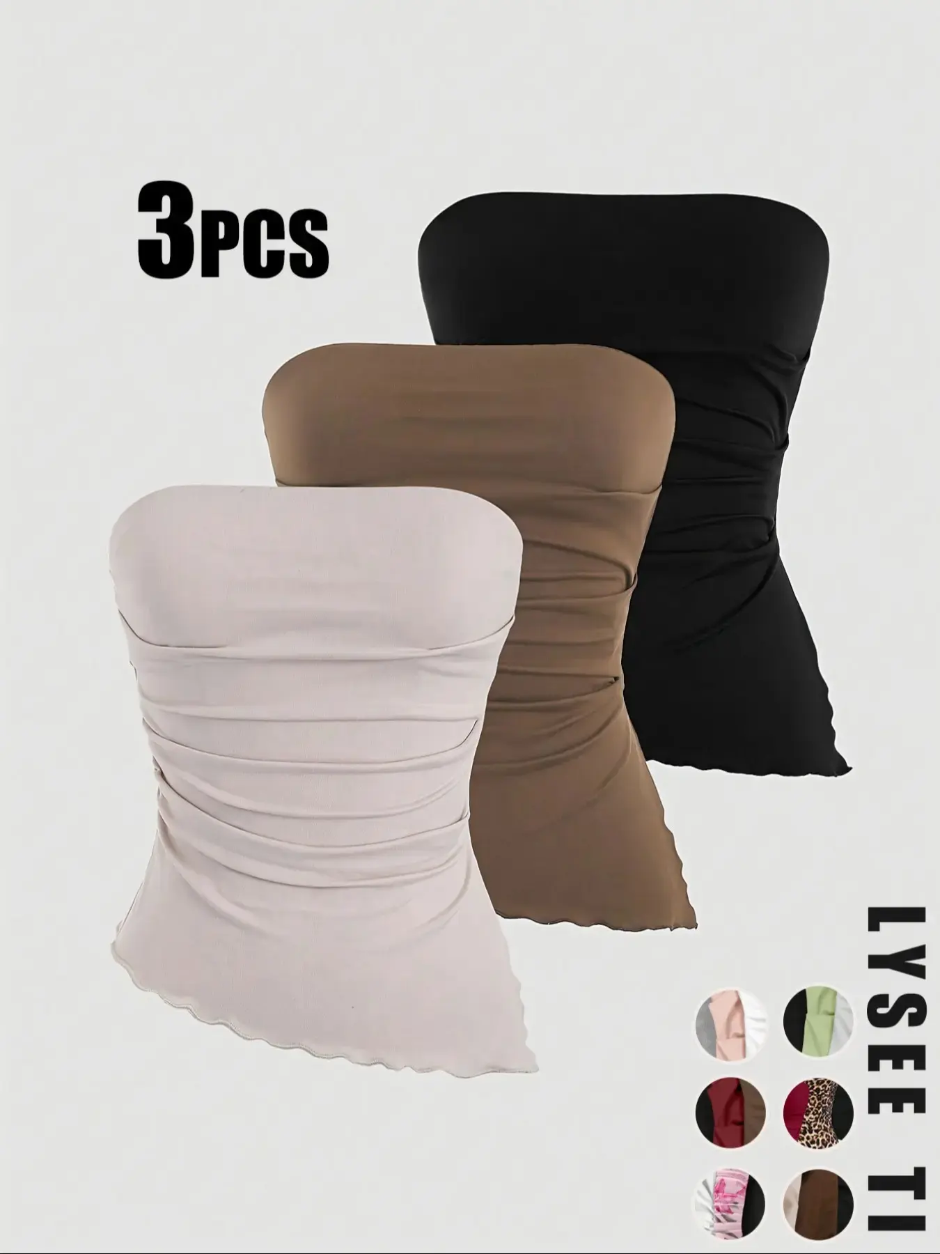 2026 Valentine's Day Women's 3-Piece Autumn/Winter Ruched Strapless Tube Top Set, Casual Fashion Sports Multicolor High-Elastic Slim Tops with Lettuce Trim