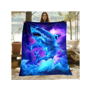 Electric Blue Lightning Shark & Purple Clouds Printed Cozy Blanket
