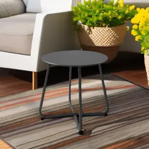 Patio Small Side Table Round Metal Steel Waterproof Outdoor End Table Weather Resistant Portable Balcony Garden Coffee Table Indoor Outdoor Lightweight Sturdy X-Frame Adjustable Feet Modern Minimalist Black Table