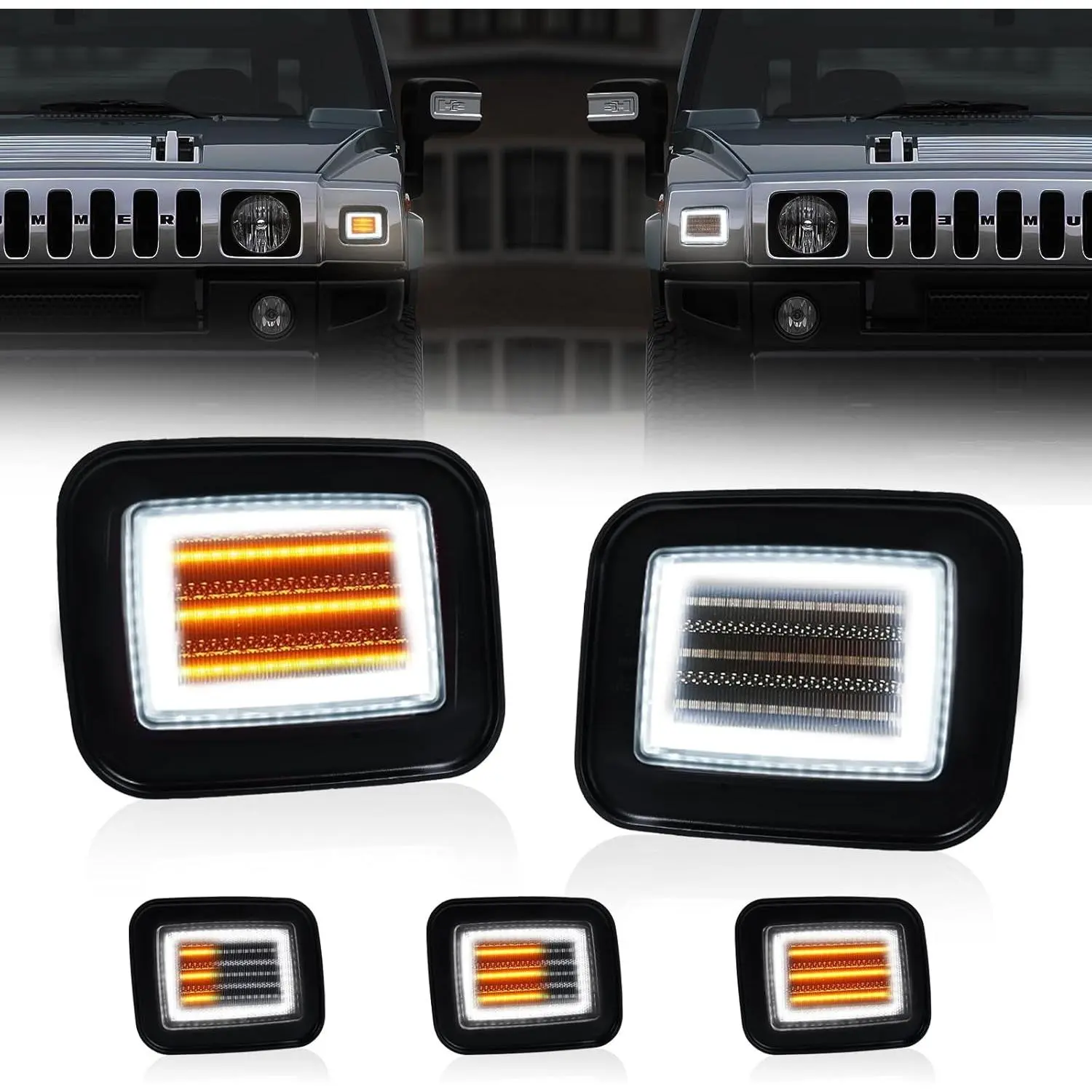 Sequential LED Front Corner Marker Lights for Hummer H2 (2003-2009) - 2x Plug-and-Play ABS Plastic Units, 5x Brighter Than OEM Bulbs, 55000hrs Lifespan, Smoked Black Switchback Amber Turn & White DRL Parking Lights