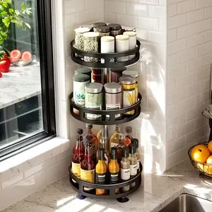 3-Tier Spice Rack Organizer for Cabinet | Rotating Lazy Susan Spice | Countertop & Pantry Spice Shelf  for Kitchen Spices, Tableware on Your Desk, Or Cosmetics in The BathroomOrganization & Storage (Black)