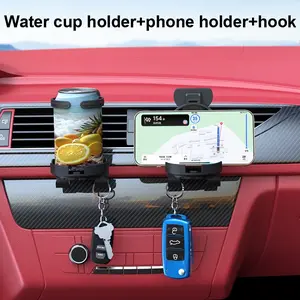 Three-In-One Car Air Vent Cup Holder with Phone Stand and Dual Hooks, Adjustable Universal Drink Rack, Car Storage Accessories, Car Cup Holders