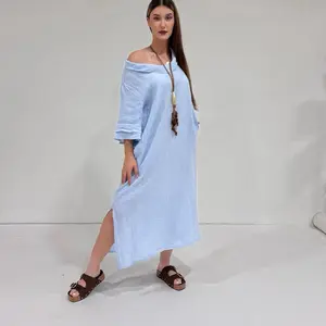Irela Linen Off Shoulder Maxi Dress One Size Fits XS to 1XL Flowy Relaxed Fit Ibiza Style Summer Dress