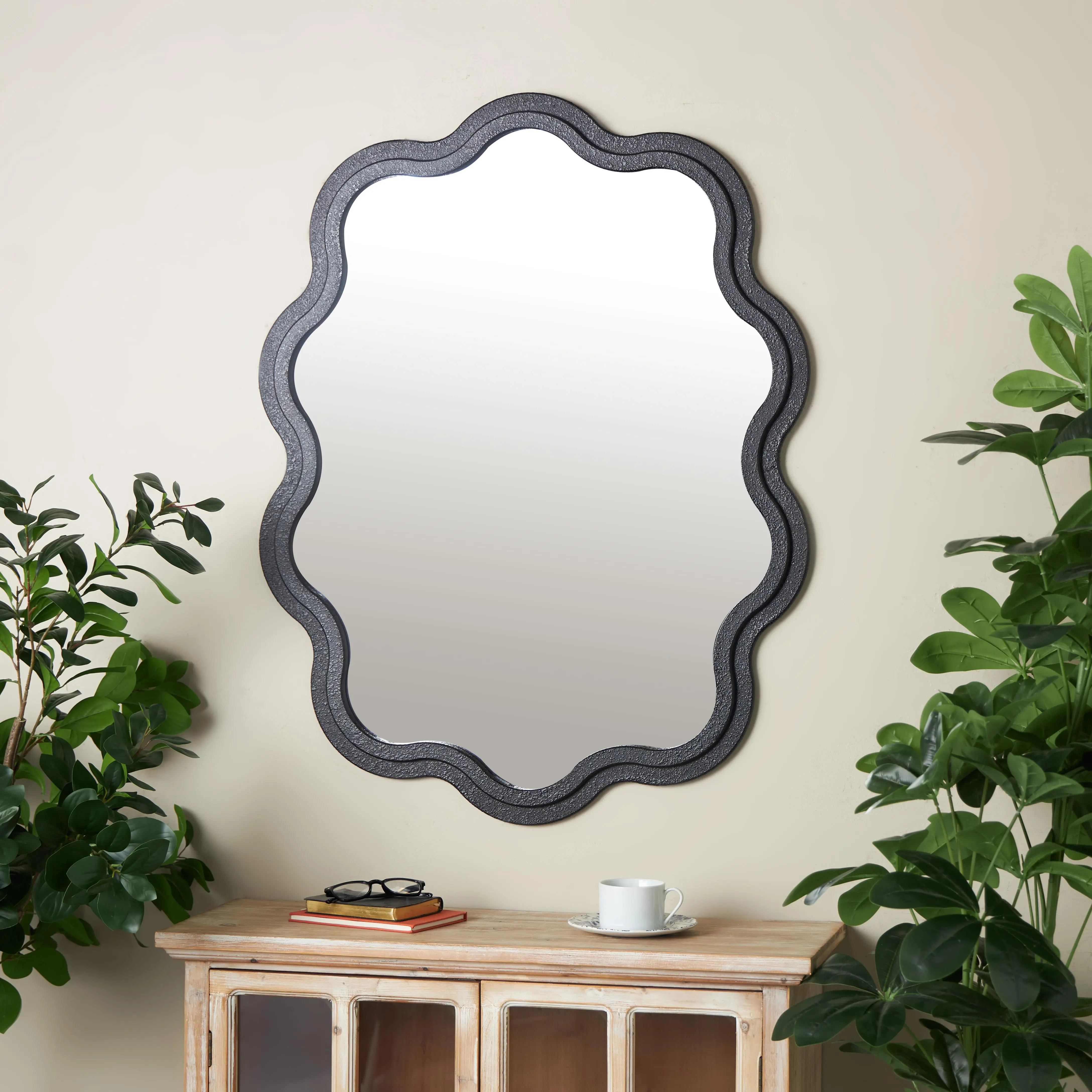 Handmade Black Wooden Wavy Wall Mirror with Dimensional Carved Frame - 31"x1"x40", Home Decor, Entryway Light-Enhancing Room Decor Accessory, Mdf