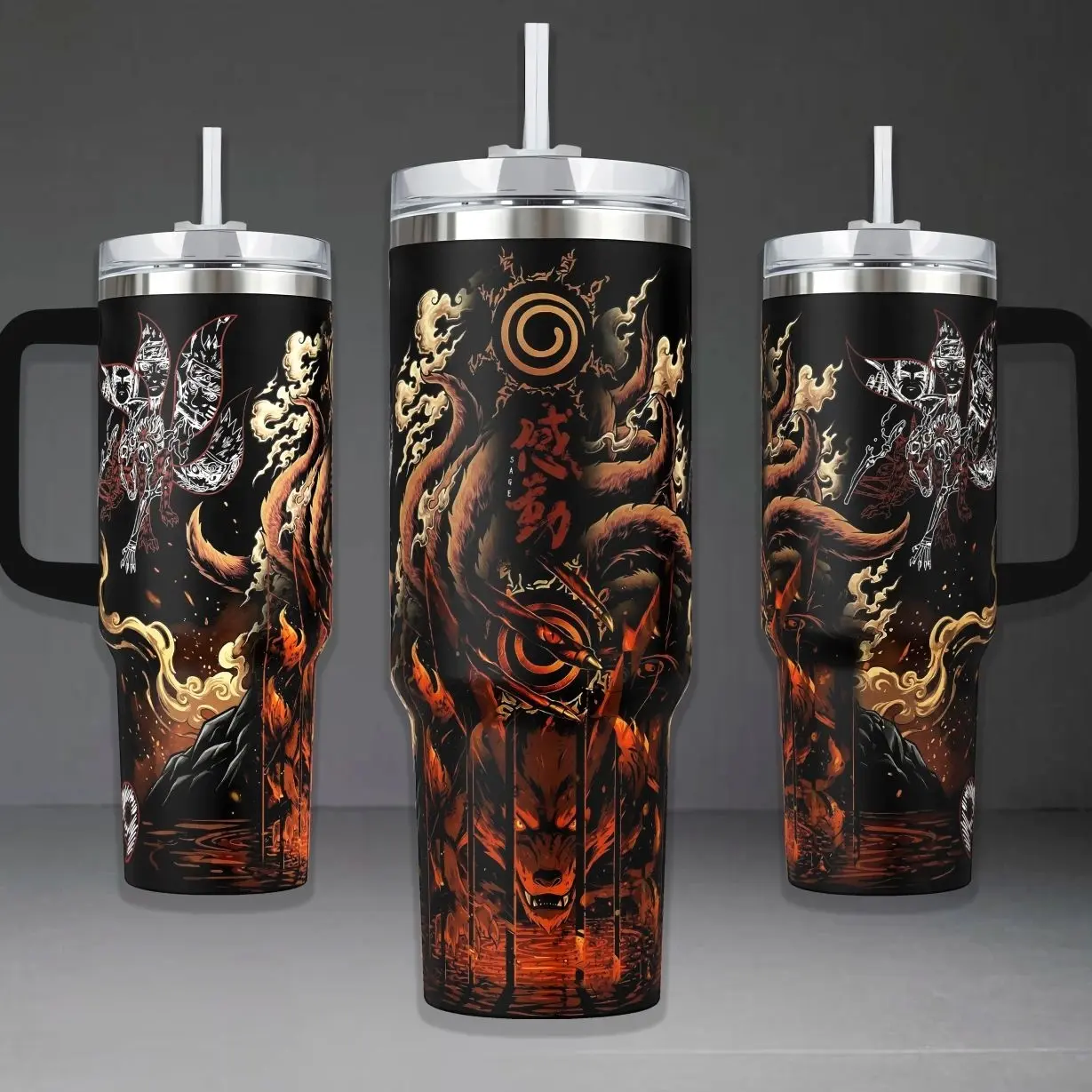 Kurama Nine-Tails Fox Tumbler, Naruto Shippuden Sage Mode 40oz Cup with Handle, Kyuubi Seal 20oz Stainless Steel Travel Mug, Anime Ninja Gift, Kurama Inspired Insulated Tumbler