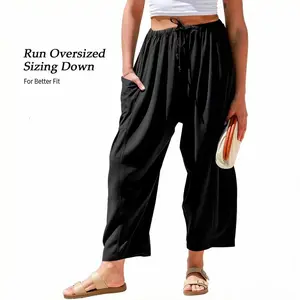 Womens Linen Blend Wide Leg Pants Oversize Casual Loose Fit Beach Palazzo Harem Pants with Pockets Vacation summer outfits Womenswear