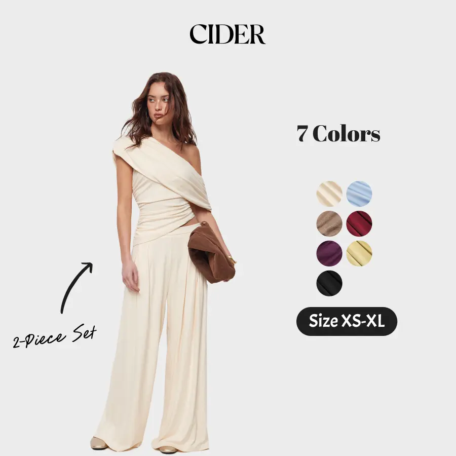 Cider 2-Piece Set Asymmetrical Neck Ruched Top & Mid Rise Wide Leg Trousers Set Summer SohoChic