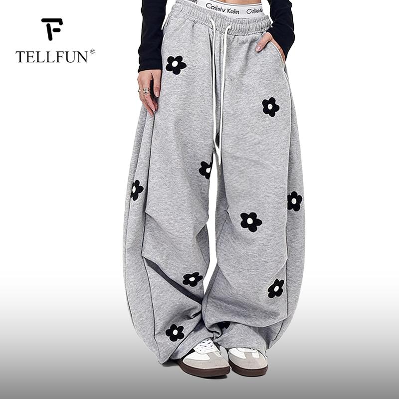 TELLFUN 2026 Unisex Floral Embroidery Baggy Barrel Sweatpants Elastic Waist Drawstring Casual Y2K Streetwear Loose Fit Vintage Joggers