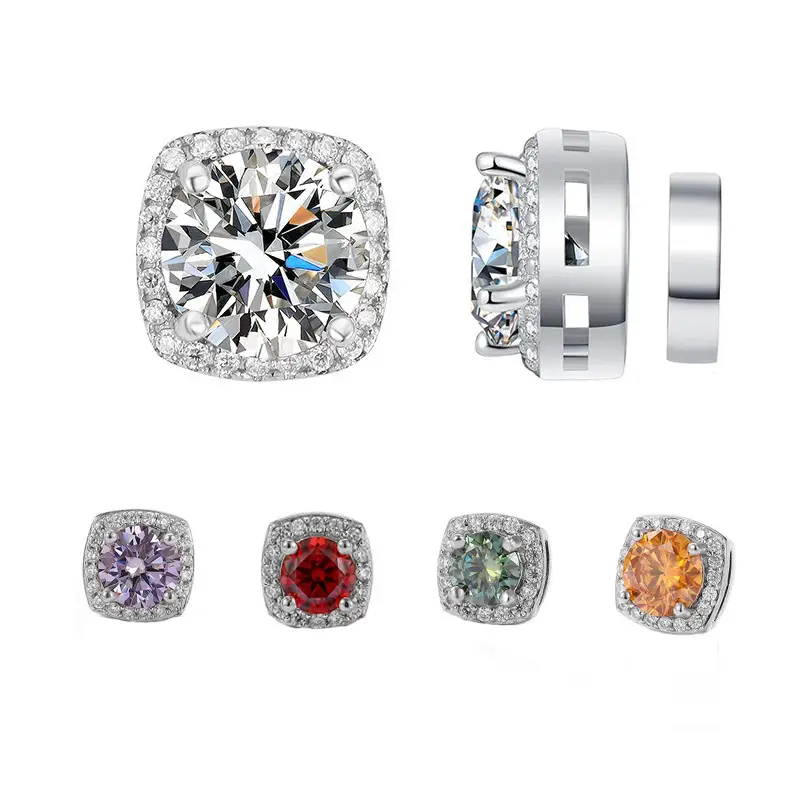 S925 Magnetic Multicolor Moissanite Square Halo Stud Earrings for Men Women, 0.5/1ct Round Cut, Inlaid Magnetic Earrings Non-Piercing Clip On Stud Ea