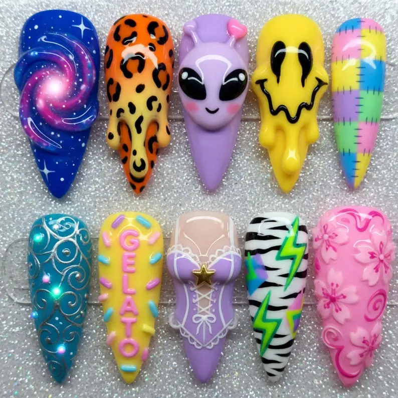 Cyberpunk Leopard Press on Nails 3D Floral Space Liquid Metal Alien Gothic Green Cat Eye Galaxy