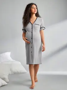 Women's Casual V-Neck Short Sleeve Dress Nightwear Loungewear, Single Button Design, Side Pockets, Soft Elastic Fabric, Comfortable Stretch Material