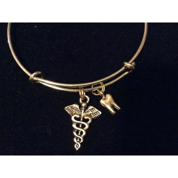 Gold Tooth and Caduceus Charm on an Expandable Adjustable Bangle Bracelet Dentist or DH Dental Hygenist Gift