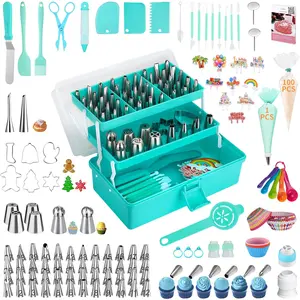 Cake Decorating Supplies Tools Kit: 358 Pcs Baking Accessories with Storage Case - Piping Bags and Icing Tips Set - Puffs Christmas Cookie Cutters Cupcake Set for Beginners or Professional, Mint Green AUKOW