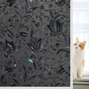 Blackout Window Film, 100% Sun Light Blocking Removable Black Privacy Windows Cover, Floral Static Cling Room Darkening Windows Stickers, Universal Use, Tulip Design