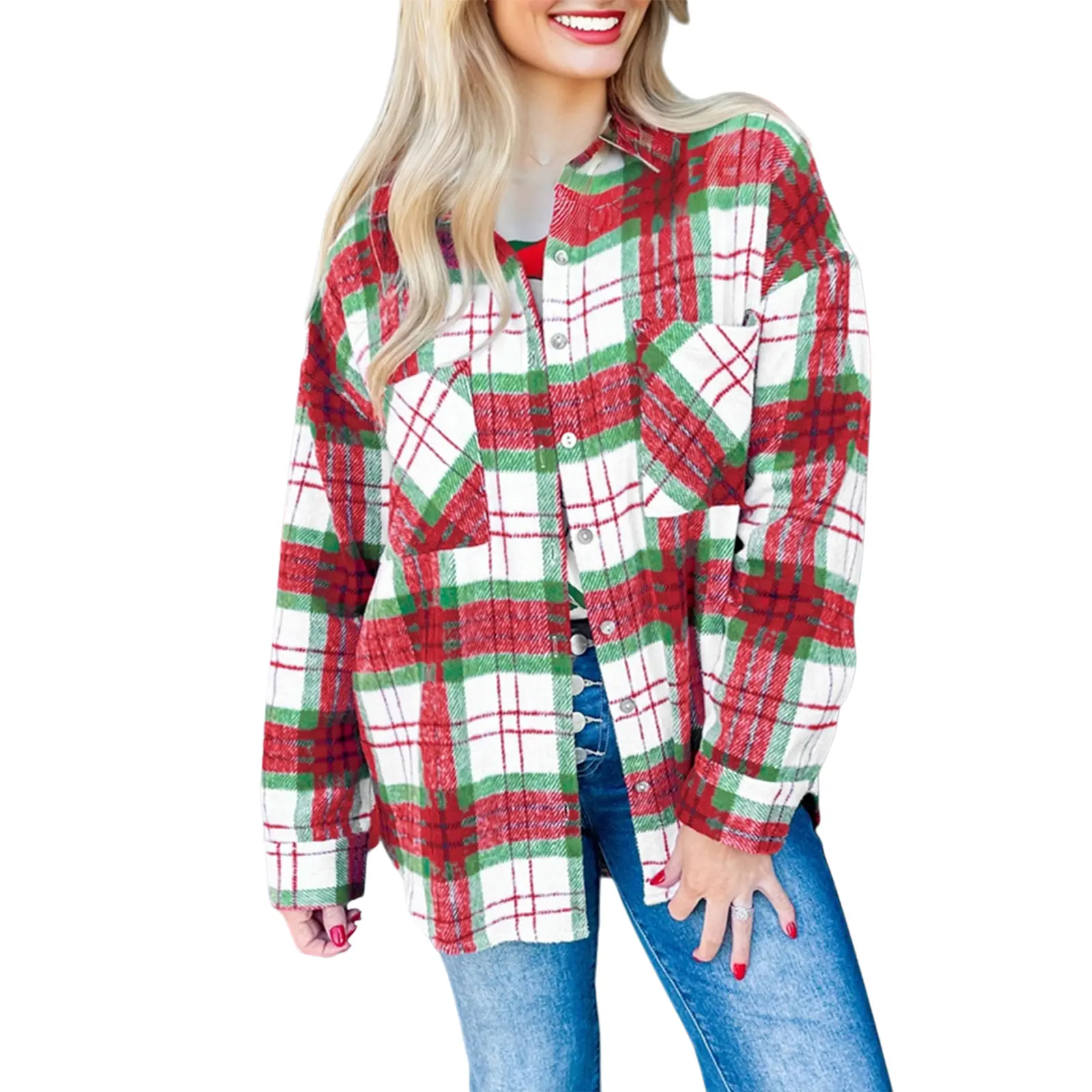 Asvivid Women's Shacket, Collared Christmas Plaid Flannel Button Down Long Sleeve Outerwear with Pockets