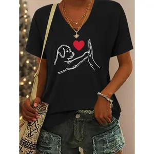 Dog, love, high five, simple lines, printed women's V-neck short-sleeve T-shirt, soft fabric, women's short-sleeve top T52