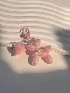 Holographic Balloon Dog Keychain with Bell & Pearl Charm, Cute Kawaii Aesthetic Bag Pendant, Y2K Style Key Ring for Women Girls, Perfect Gift for Backpack/Car Keys Accessories