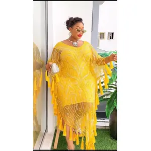 Yellow Kaftan Beaded Dress with Tassels for Wedding Guest Attire Birthday Party Mother of The Bride Cocktail Reception Anniversary Graduation Celebrant Worthy Elegance One Size Fits All Caftan Dress for Women