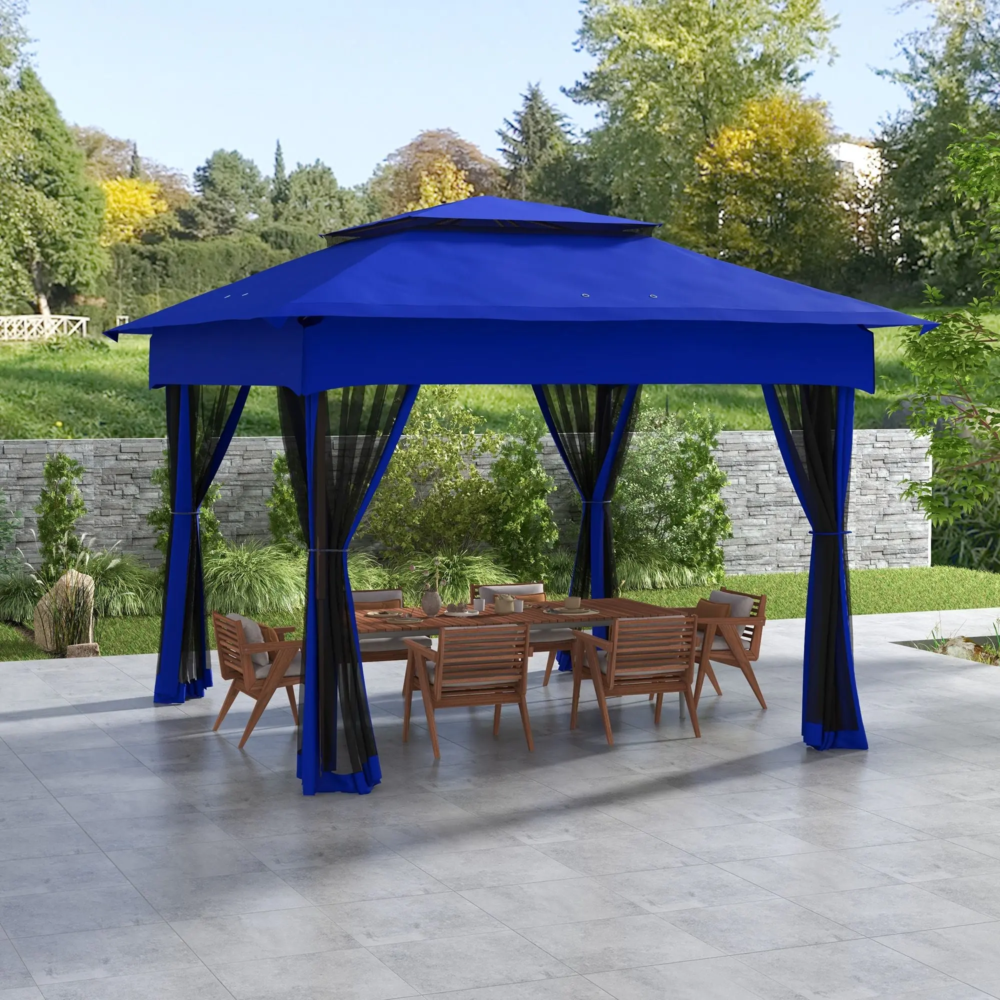 11'x11' Square Blue Pop Up Canopy Gazebo Tent with Steel Frame, Insect Screen, Zipper Netting, Quick Setup & Carry Bag