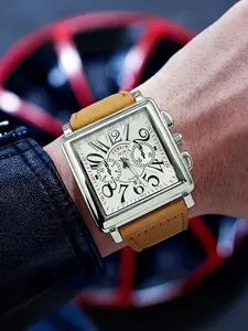 Top Luxury Business Men's Quartz Watch, Square Dial Wristwatch with Calendar, Leather Strap, Analog Display, Fashion Accessory for All Occasions