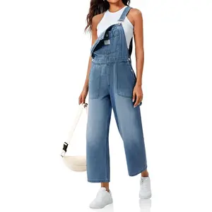 Imily Bela Womens Denim Overalls Casual Loose Fit Bib Adjustable Strap Wide Leg Capri Jean Jumpsuits