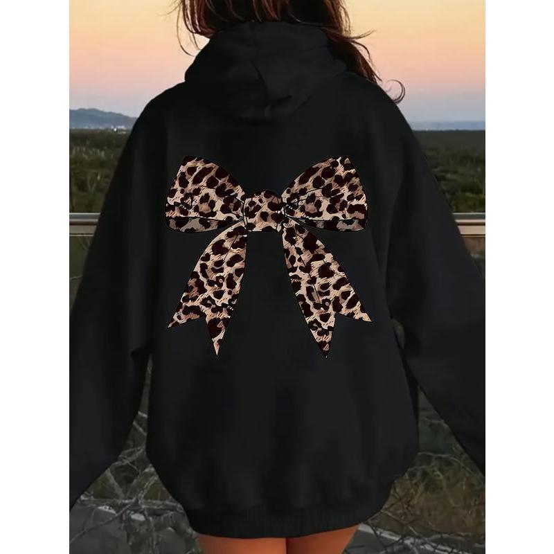Women's Leopard Print Bow Detail Hoodie - High Street Casual Pullover with Pockets, Comfortable Autumn Winter Fashion, Machine Washable Versatile Sweatshirt, Cute Hoodie with Durable Fabric