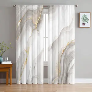 2pcs Luxury 3D Marble Print Curtains - Elegant Grey with Golden Accents, Semi-Transparent Privacy Panels for Living Room, Bedroom, Office, Hotel Decor, Machine Washable Polyester Fabric, Rod Pocket Design, Curtains for Living Room, Home Decoration Curtain