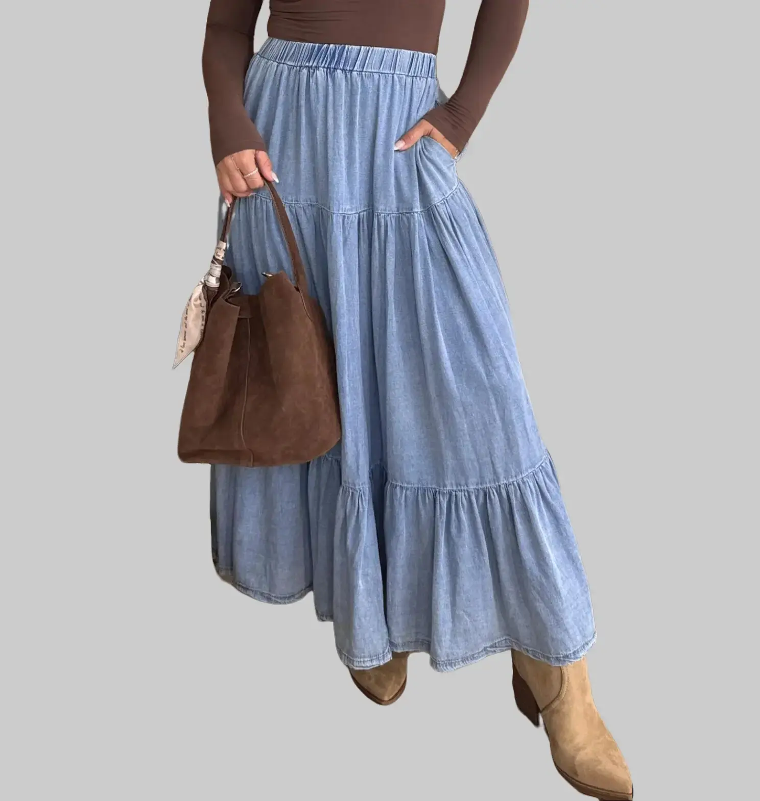 Women's Black Lyocell Denim A-Line Full Length Maxi Skirt - High Waisted, Tiered Layers, Pockets, Frayed Hem, S/M/L, Full Length Skirts