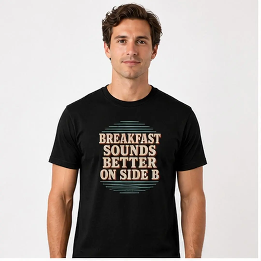 BREAKFAST SOUNDS BETTER ON SIDE B Men's Black Graphic T-Shirt Short Sleeve Crew Neck Cotton Blend Analog Breakfast Listening Graphic Tee for Men Who Love Vinyl and Morning Vibes original statement print casual everyday tee weekend