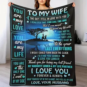 1Pc Romantic "To My Wife" Printed Blanket - Soft Warm Flannel, Geometric Design With Heart & Tree Illustration, All-Season Cozy Throw For Home, Office, Camping, Travel - White, Office Cozy Accessory |     Romantic Design |     Plush Texture