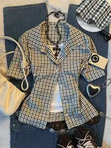 Summer New Y2K Style Casual Chic Retro Vintage Sweet Cool Feminine Women's Short Sleeve Plaid Button Blouse Shirt, Trendy Fashion Top for Daily Wear, Comfortable, Stylish Fit and Vibe