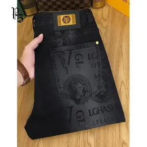 Spring and Autumn Korean Slim Jeans for Men 2025 High-end Luxury Clothing Black Printing Mid-waist Stretch Casual Pencil Pants