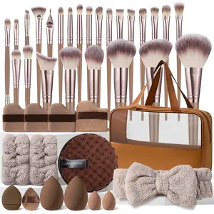 40Pcs Makeup Brush Tool Set includes 25Pcs Brown Deluxe Brushes, Hanging Washbag, Headband, Wristband, Cleaning Sponges, Polygonal Makeup Puffs Kit, Standard and Mini Makeup Sponges, Professional Make up Brushes Set, Makeup Tools Accessories for Women