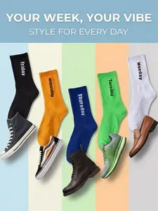 5 Pairs Monday to Friday Letter Pattern Mid-Calf Socks, Comfortable Versatile Casual Fitted Socks for Monday to Friday Wear, Daily Wear Socks, Casual Stylish Socks