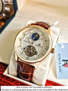Luxury Men's Mechanical Watch, Analog Mechanical Watch, High-End Hollow-Out Design, Business Casual Style, Band, Mineral Glass Dial, Perfect Gift Box Included
